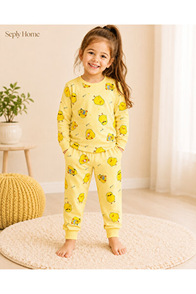 SeplyHome Kız Çocuk Pijama Takımı %100 Pamuk Civciv Desenli Uzun Kollu Uzun Alt