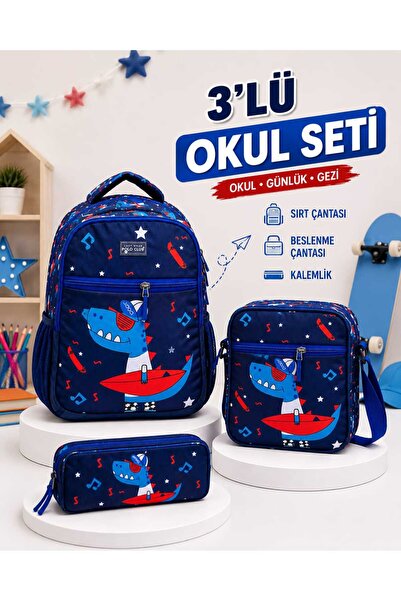 a v d a 3’lü Dinozor Erkek Çocuk İlkokul Ortaokul Sırt Çantası Seti - Sırt Ça...