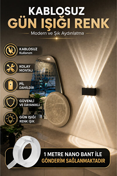 TENK Pilli Led Aplik Çift Yön Aydınlatma GünIşığı Renk Kablosuz Dekoratif ve Şık