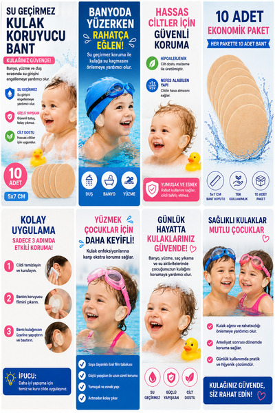 obrigado 10’lu Su Geçirmez Yapışkanlı Kulak Bandı – Bebek Çocuk Banyo Duş Yüz...