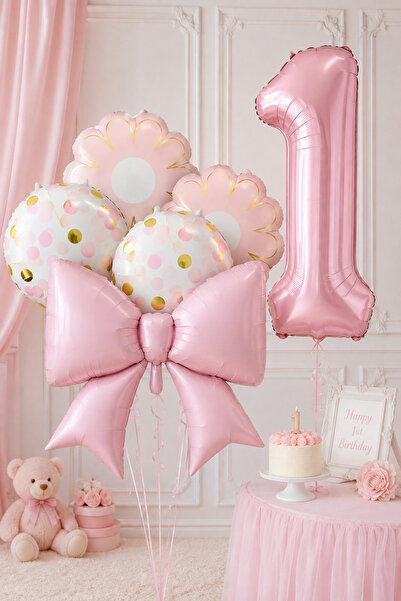 Atölye Mi 1 Year Old Pink Bow Theme Balloon Set 6 Piece Balloon Decoration Set