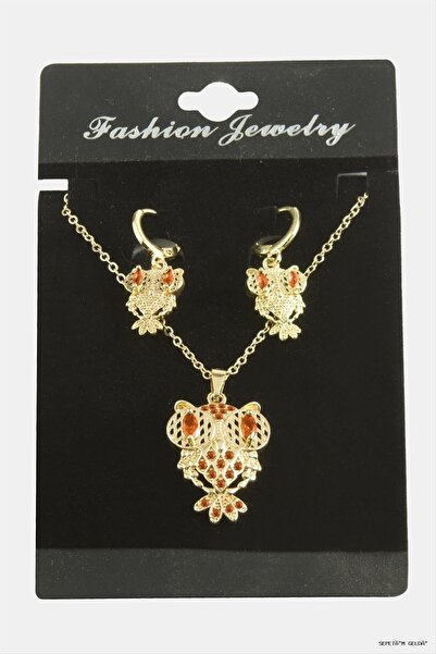 ZERO LAND Spt-Gld Owl Zircon Stone Set (11344) Necklace Red