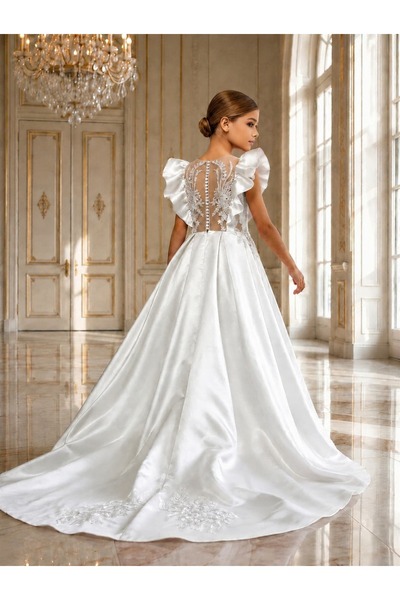 By Feyza Kids Collection Kız Çocuk Saten Kuyruklu Abiye Elbise Dantel Sırtlı ...