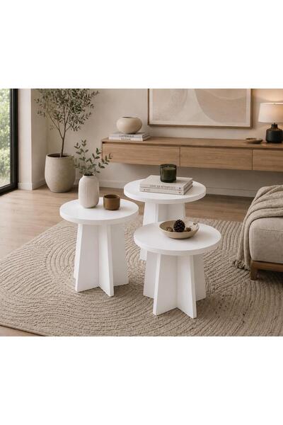 Modura Home 3 lü Zigon sehpa Mantar Sehpa Beyaz Desen Orta Yan Sehpa