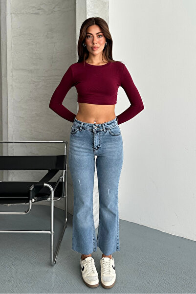 macharel jeans Kadın Kesik Paça Eskitmeli Jean Pantolon
