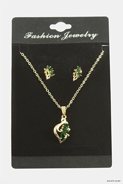 ZERO LAND Spt-Gld Flower Zircon Stone Set (10140) Necklace Green