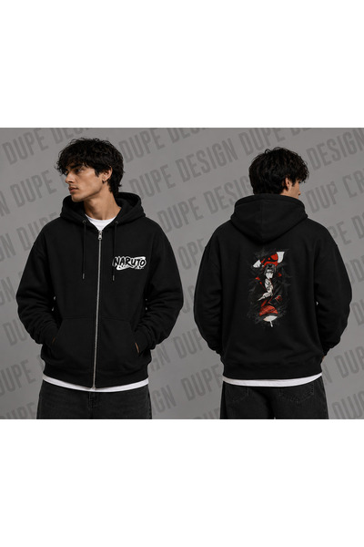 Dupe Design Naruto Itachi Uchiha Akatsuki Printed Black Hooded Zippered Unise...