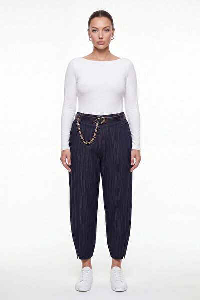 EXİTLİNE Women's Navy Blue Seasonal Denim Trousers with Belted Legs and Detai...