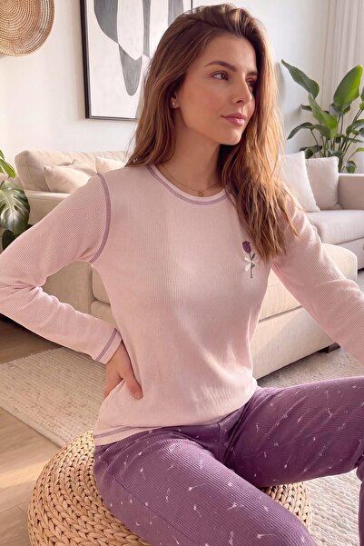 Pijamaevi Pink Roos Patterned Waffle Soft Long Sleeve Women's Pajama Set