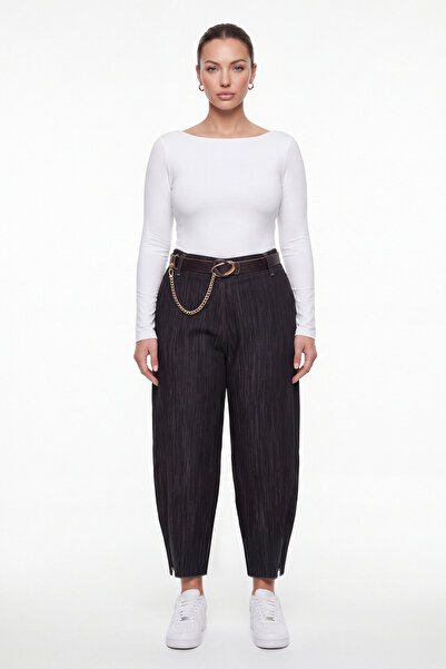 EXİTLİNE Women's Black Seasonal Belted Denim Trousers with Detailed Cuffs and...
