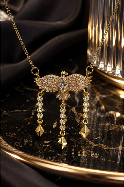 Sylvera Shop Sparkling Stone Wing Figured Triple Dangle Steel Necklace (Gold ...
