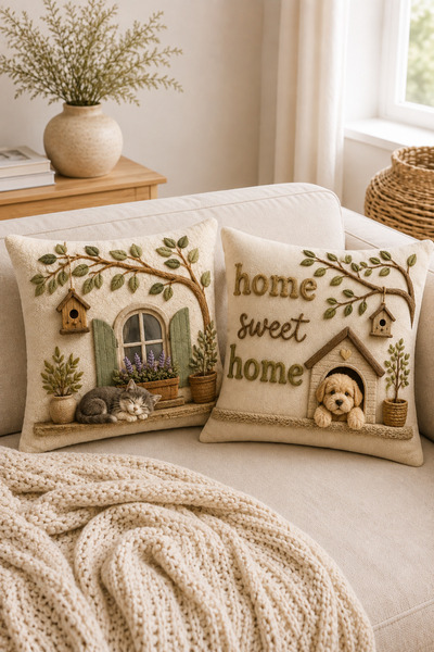 ayshome textile Τρισδιάστατη ΨΗΦΙΑΚΗ ΕΚΤΥΠΩΣΗ Home Cat Dog (Όχι πλεκτό) Σετ 3...
