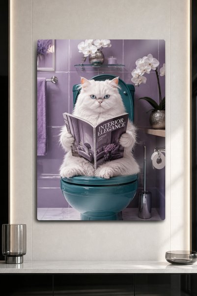 DekorHane Metal Print - White Cat Reading a Magazine in the Toilet, Themed Ba...