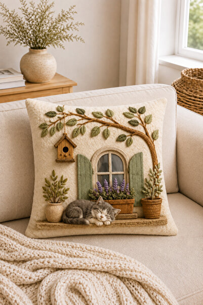 ayshome textile 3D Boyutlu DİJİTAL BASKI Home Kedi Köpek (Örgü Değildir) 2'Li Kırlent Kılıfı Seti ÇİFT TARAF BASKILI