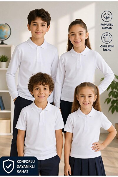 Genel Markalar Erkek Çocuk Kız Çocuk Unisex Beyaz Polo Yaka Basic Okul Tişört...