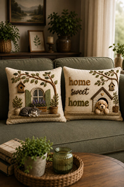 ayshome textile 3D Boyutlu DİJİTAL BASKI Home Kedi Köpek (Örgü Değildir) 2'Li Kırlent Kılıfı Seti ÇİFT TARAF BASKILI
