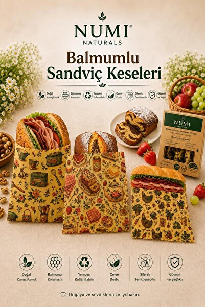 NUMI Naturals Balmumlu Sandviç Keseleri – Yeniden Kullanılabilir, Doğal Kumaş...