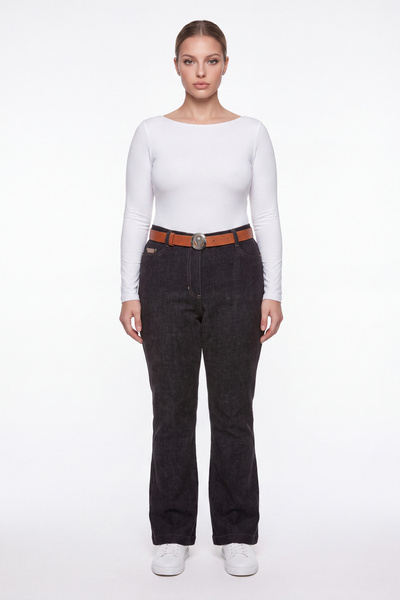 EXİTLİNE Women's Black Winter Flared Trousers with Belt, Logo and Stone Detail