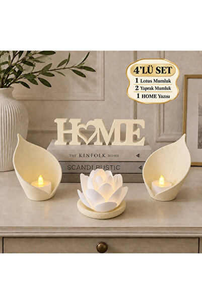 zulya Zarif Lotus ve Yaprak Mumluklu HOME Dekor Seti – 4 Parça