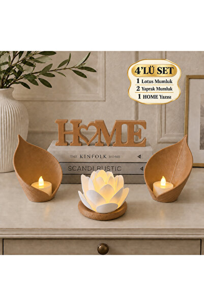 zulya Zarif Lotus ve Yaprak Mumluklu HOME Dekor Seti – 4 Parça