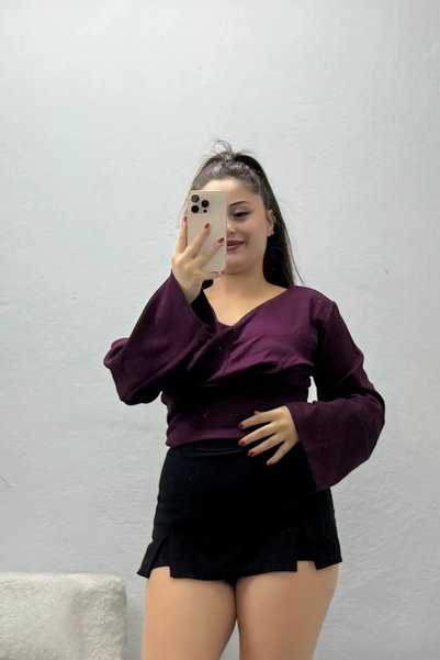 BELENDİR Women's Waist-Slit Kimono Sleeve Modal Blouse Plum