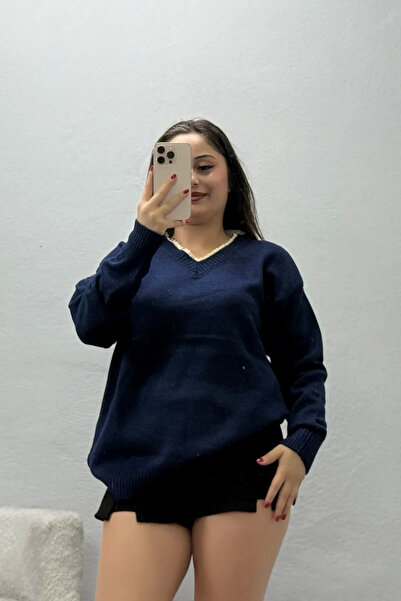BELENDİR Women's V-Neck Lace Detailed Knitwear Sweater Navy Blue