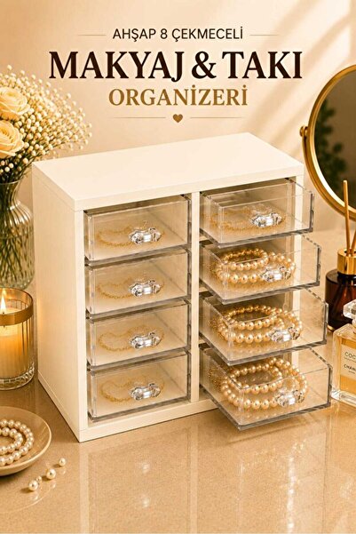 Limeks Home 8 Çekmeceli Ahşap Şeffaf Takı ve Makyaj Organizeri Çok Amaçlı Mas...