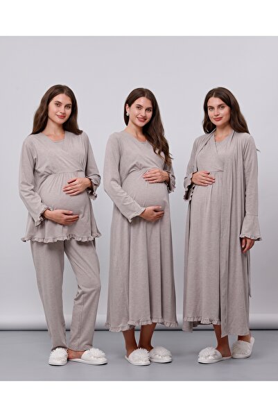Yulem Homewear Beige Ruffled Double-Breasted Cotton Long Sleeve Maternity Paj...