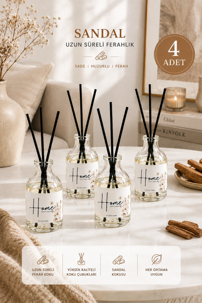LALEZEN HOME 4’lü Sandal Oda Kokusu Bambu Çubuklu Dekoratif Kalıcı Ev Kokusu Seti (50ml x 4)