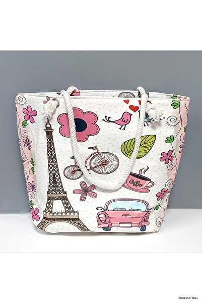 ZERO LAND Zngzrmll Eiffel Tower Patterned Beach (41048) Bag White