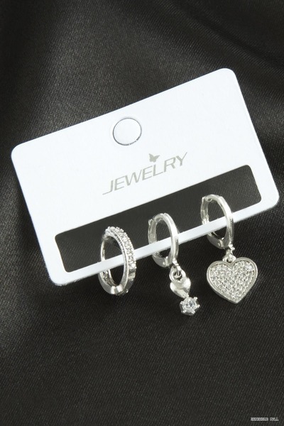 ZERO LAND Zngzrmll 3Pcs Heart Zircon Stone Earrings (42303) Silver Color