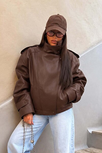 Trendsensin Lorven Oversize Kahverengi Viral Kadın Deri Ceket
