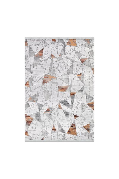 Krem Gri Modern Geometrik Üçgen Desenli Turuncu Detaylı Eskitme Yolluk