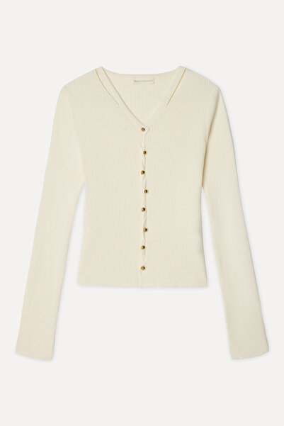 Mudo Women's Ecru Cross-Buttoned V-Neck Cardigan