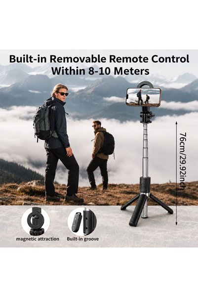 Generic Brand Magnetic selfie stick tripod with 360° rotating phone holder, extendable tripod, wireless remote control, and non-slip handle. Portable phone holder suitable for selfies, video recording, and travel.