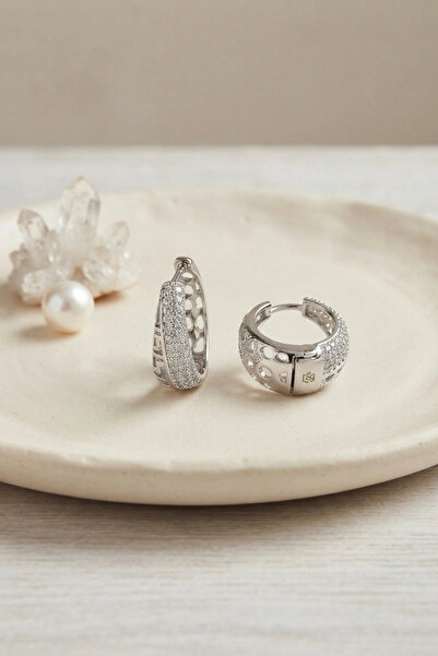 shopwave Silver Color Zircon Stone and Motif Detailed Drop Hoop Model Women's...