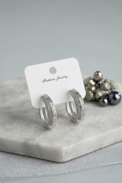 shopwave Silver Color Zircon Stone and Geometric Motif Brass Hoop Women's Ear...