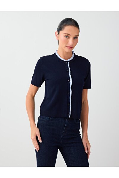 Jimmy Key Navy Blue Round Neck Ruffle Detailed Short Sleeve Knitwear Cardigan