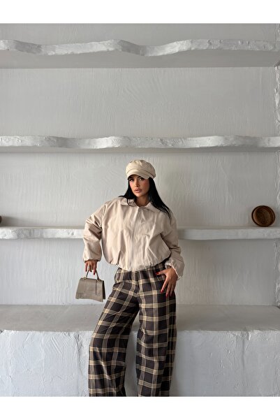 NOTHING Kadın Premium Beli Lastikli Fermuarlı Polo Yaka Trençkot Crop Ceket