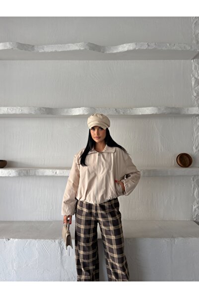 NOTHING Kadın Premium Beli Lastikli Fermuarlı Polo Yaka Trençkot Crop Ceket