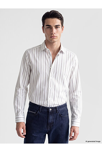 LC Waikiki Peak New Season Brown Slim Fit Striped Dobby Men's Shirt