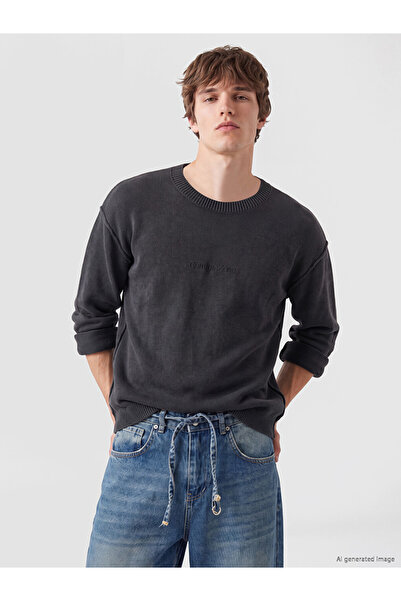 LC Waikiki Özmarka New Season Anthracite Crew Neck Embroidered Men's Sweater