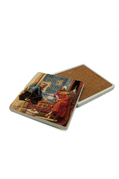 Sadrazam Chess Players Printed Natural Stone Coaster 10X10 Krt-132