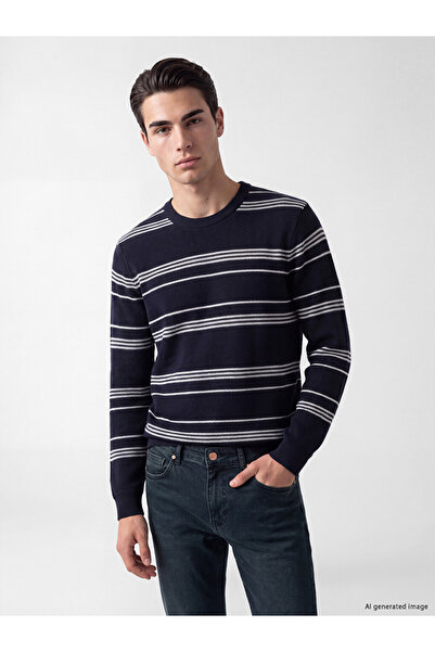 LC Waikiki Ozmarka New Season Navy Blue Crew Neck Striped Men's Knitwear Sweater