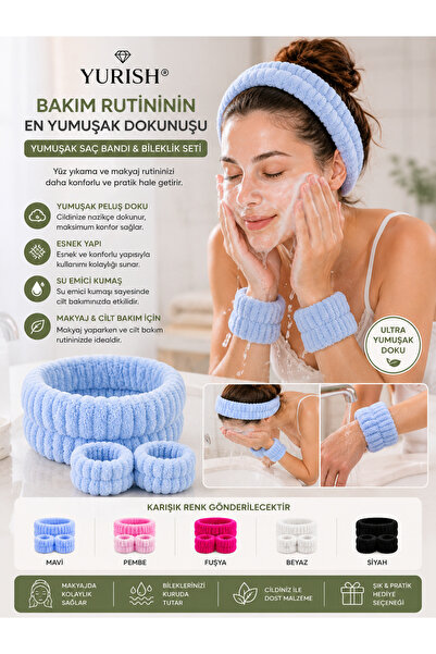 YURISH Mikrofiber Welsoft Emici Peluş Makyaj Yüz Cilt Bakımı Ve Yıkama Kol Bandı Sporcu Banyo Spa Saç Taç Bileklik