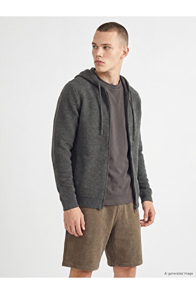 LC Waikiki Peak New Season Anthracite Regular Fit Hooded Men's Knitwear Cardigan
