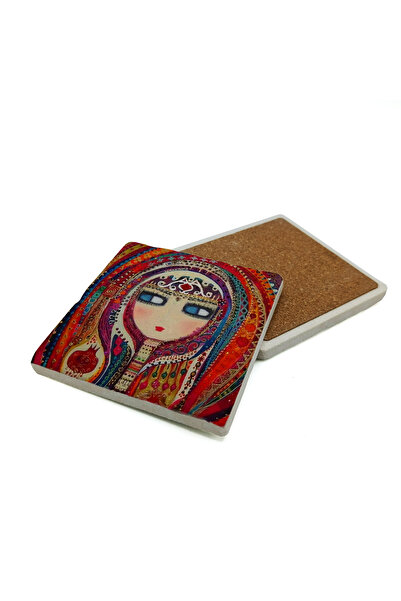 Sadrazam Anatolian Ethnic Motif Girl Painting Printed Natural Stone Coaster 1...