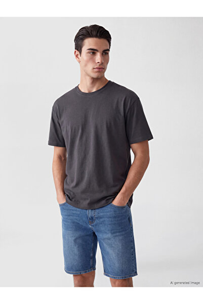 LC Waikiki Vizyon New Season Anthracite Crew Neck Men's Combed Cotton T-Shirt