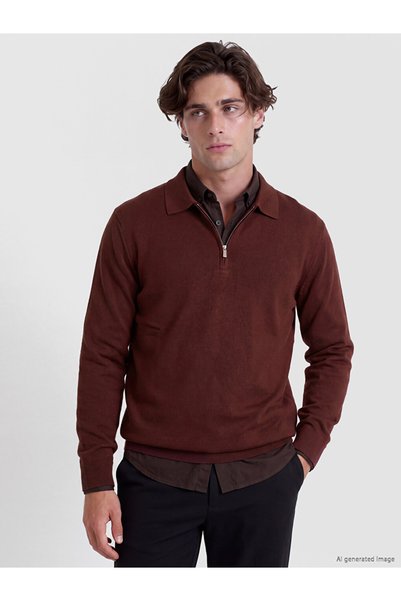 LC Waikiki Ozmarka New Season Brown Polo Collar Men's Knitwear Sweater