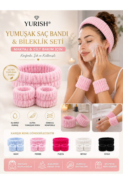YURISH Mikrofiber Welsoft Emici Peluş Makyaj Yüz Cilt Bakımı Ve Yıkama Kol Bandı Sporcu Banyo Spa Saç Taç Bileklik